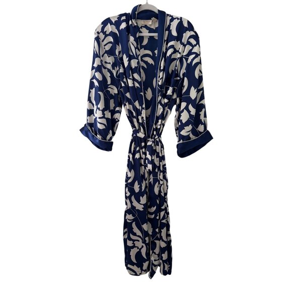 Vintage Gold Label Victorias Secret Navy White Floral Satin Robe With Belt Women - Picture 3 of 14